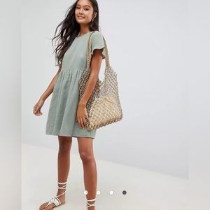 ASOS DESIGN Smock Mini Dress in Grid Texture with Frill Sleeve Sage Green Size 8